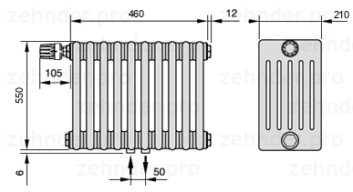 Схема (чертеж) Радиатор Zehnder Charleston 6055/10 №V007 Белый глянцевый RAL 9016